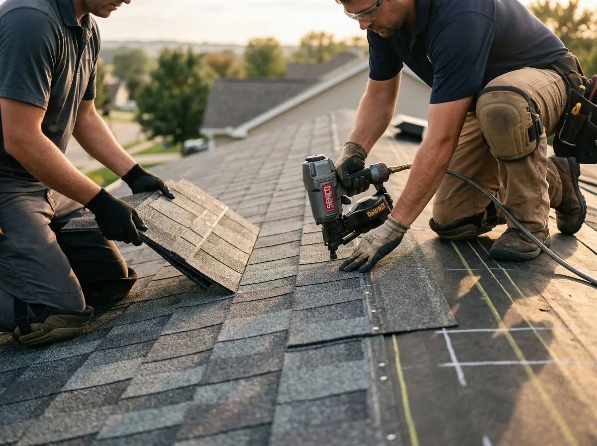 Professional roofer working on a residential roof in Nassau Bay